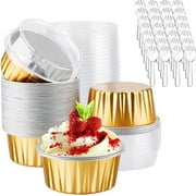 Cupcake Liners with Lids, 5oz 50 Pack Mini Muffin Liners Aluminum Foil Baking Cups, Disposable Ramekins Pans Cupcake Holders Dessert Cups Containers for Wedding Birthday Party (Gold)