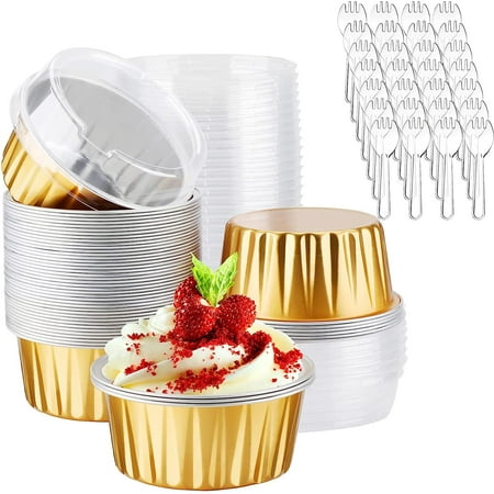 Cupcake Liners with Lids, 5oz 50 Pack Mini Muffin Liners Aluminum Foil Baking Cups, Disposable Ramekins Pans Cupcake Holders Dessert Cups Containers for Wedding Birthday Party (Gold)