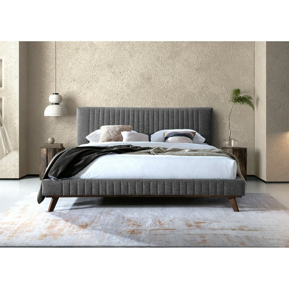 Omax Decor Sven Wood and Fabric Upholstered King Platform Bed in Dark Gray