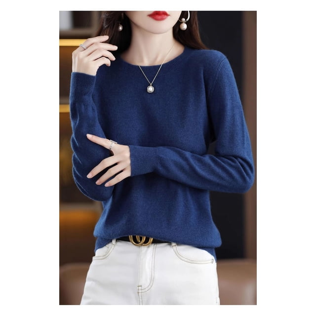 Suéter de lana pura de otoño, camisa de punto para mujer, cuello redondo, suelto, color sólido, estilo occidental, suéter de punto que combina con todo
