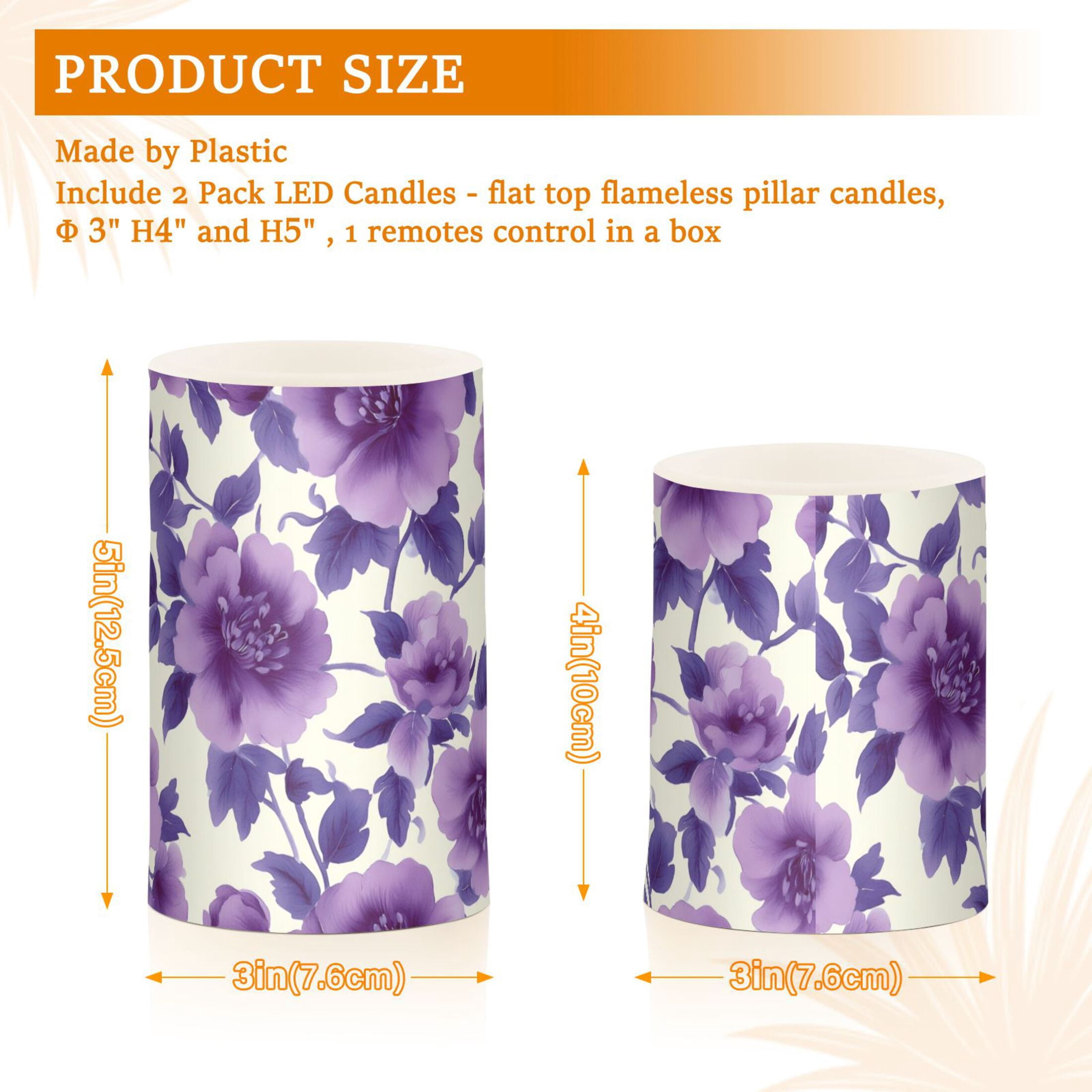 Purple Flowers and Leaves Flickering Flameless Candles Battery Operated with Remote Timer LED Pillar Candles Set of 2