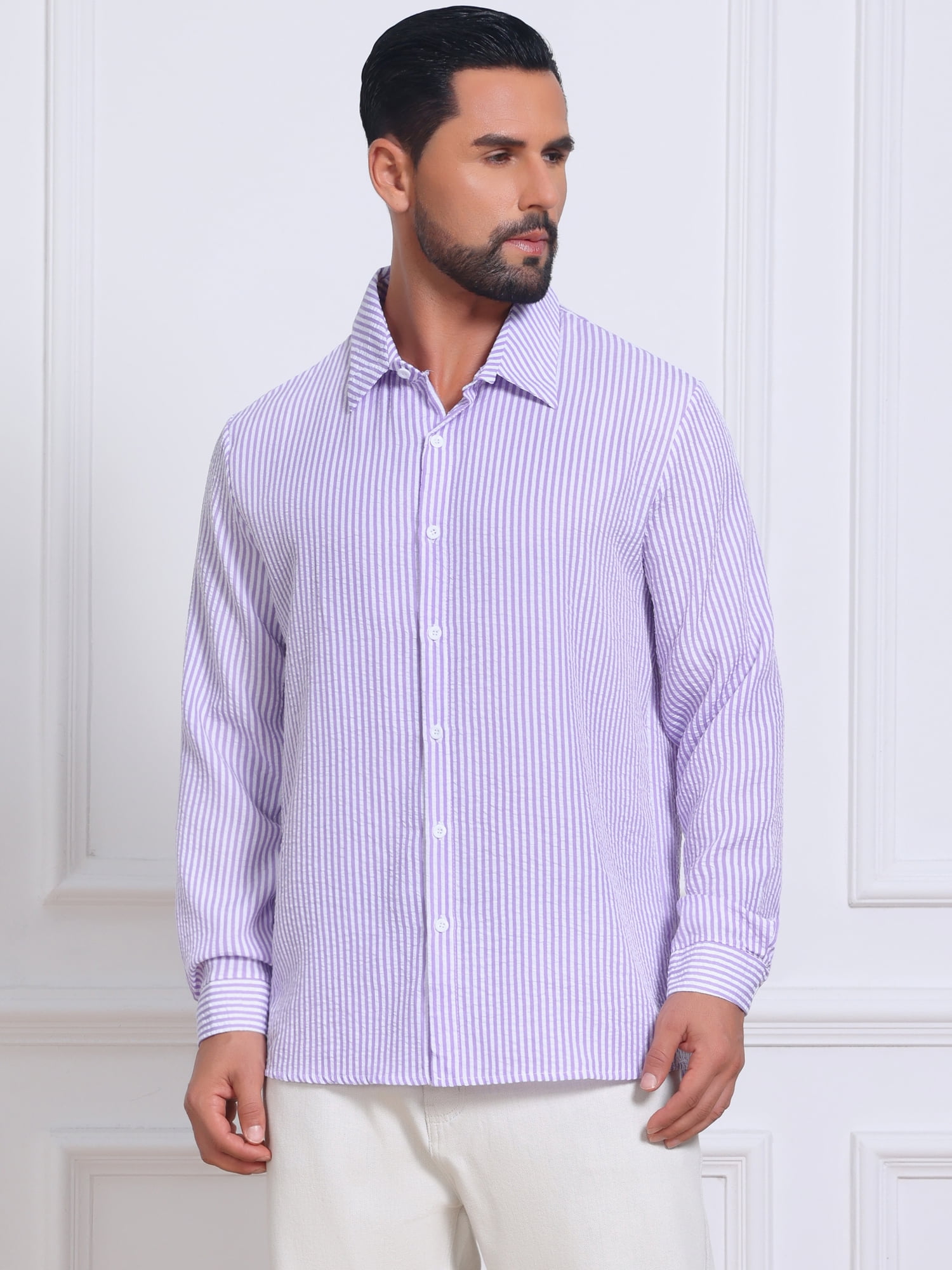 DARING DIVA Men's Seersucker Long Sleeve Button Down Textured Striped Shirts 2XL Purple