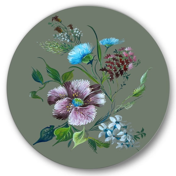 Designart 'Turquoise and Purple Spring Flowers' Traditional Circle Metal Wall Art 36x36 - Disc of 36