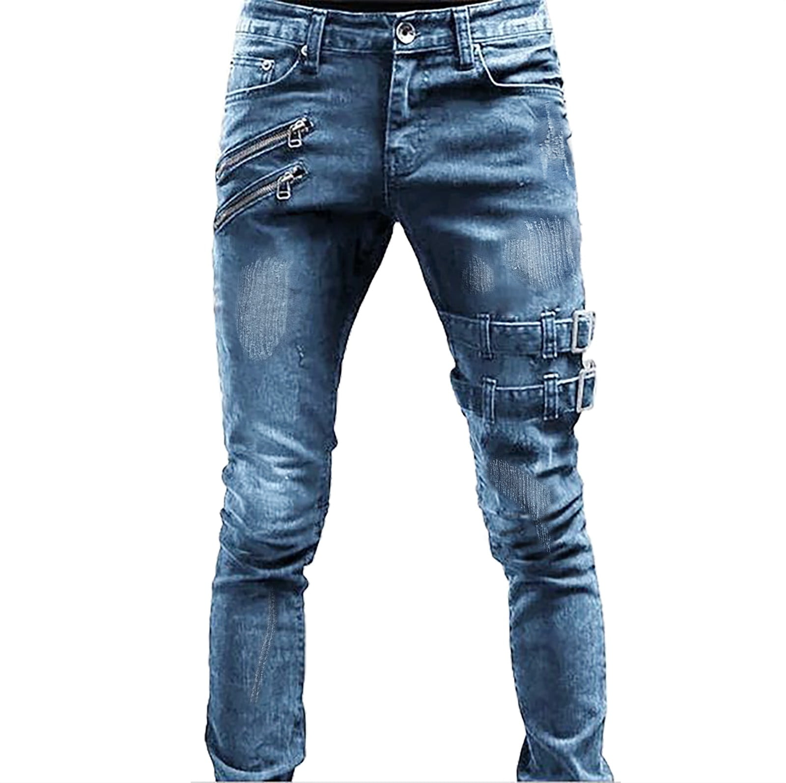 Ediodpoh Men's Trousers Casual Straight Mid-rise Slim Fit Ripped Jeans Men’s Pants Blue L
