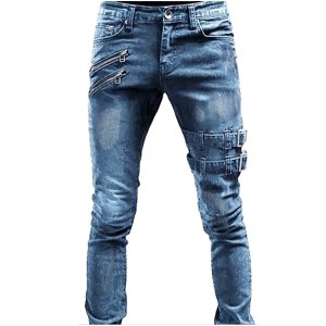 Ediodpoh Men's Trousers Casual Straight Mid-rise Slim Fit Ripped Jeans Men’s Pants Blue L