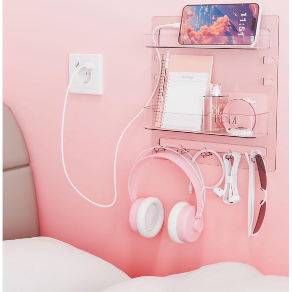 Bedside Shelf for Dorm Bed,Rv,Small Room and Nightstand,Wall Mounted Floating Shelves and Bedside Wall Organizer for Remote,Phone Holder,Charging Shelf,Cute Bedroom Decor for College Girl,Clear