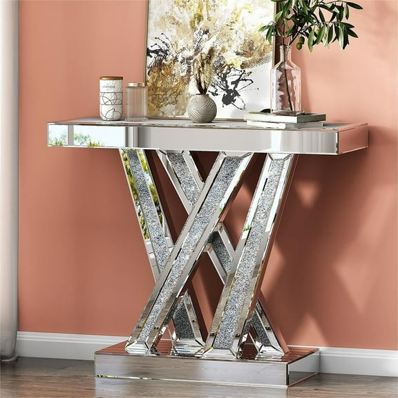 SHYFOY Mirrored Glass Console Table Glam Silver Entryway Table with Diamond for Living Room