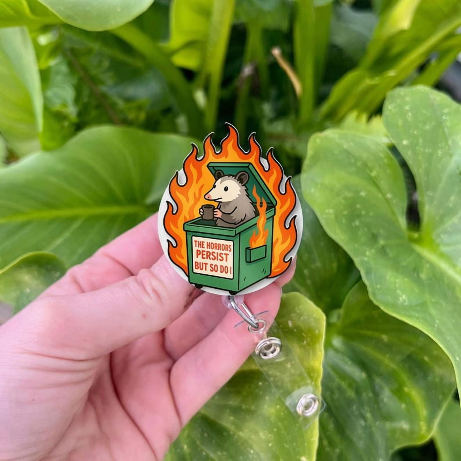 ViciArt Funny Possum Dumpster Fire Badge Reel, Acrylic Retractable ID Holder, Sarcastic Clip