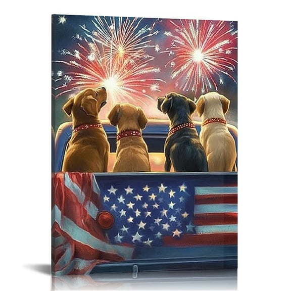 GooTPa 4th of July Patriotic Canvas Wall Art, Independence Day Dog And Fireworks Canvas Prints Wall Art for Living Room Bathroom Bedroom Office, Art Print Painting for Home Decorations - 12x16in