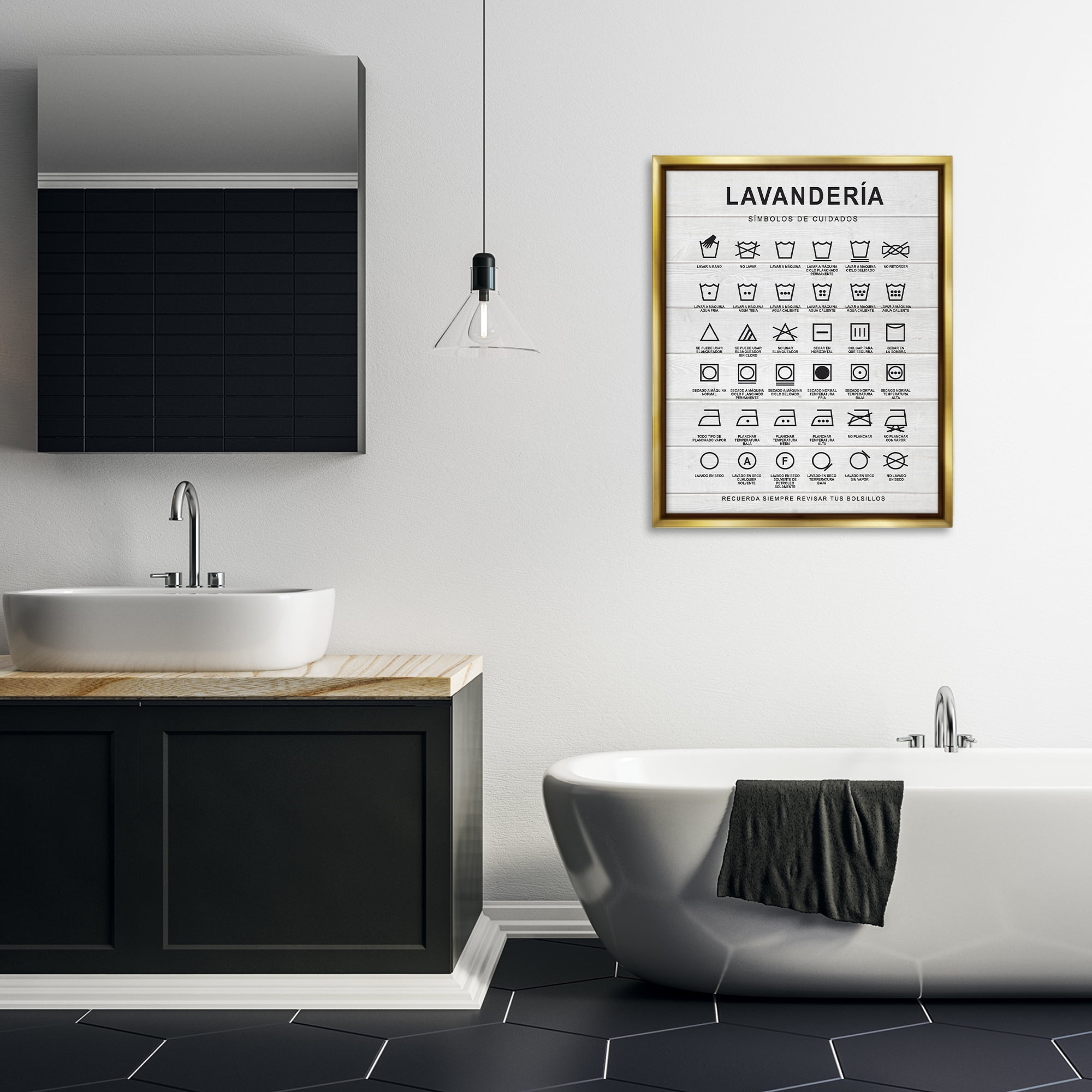 Stupell Industries Guía de Lavado de Ropa, Blanco Bath & Laundry Painting Gold Floater Framed Art Print Wall Art, 25 x 31