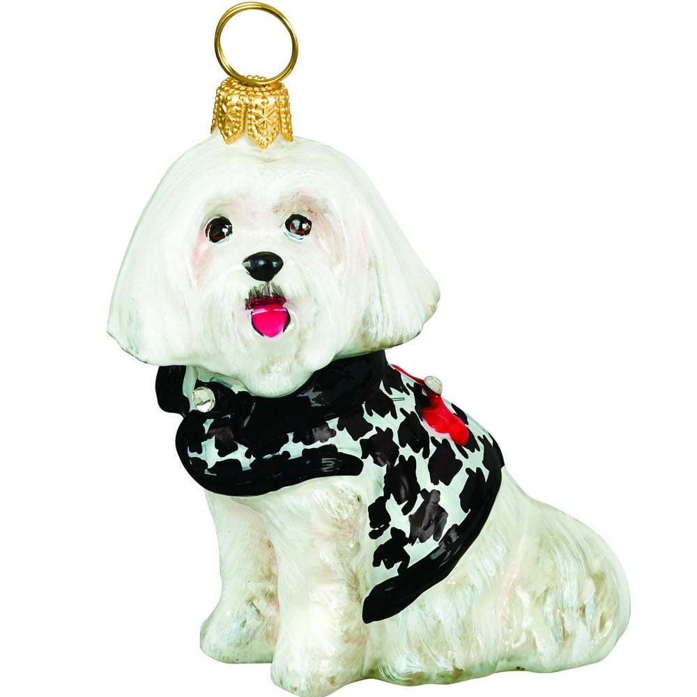 Maltese in Hounds Tooth Sweater Polish Glass Christmas Ornament