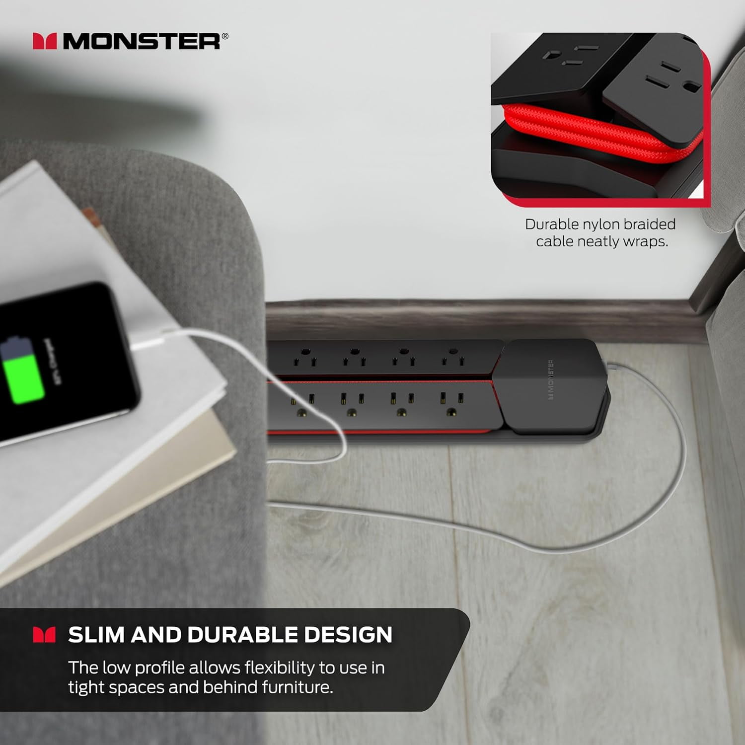 Monster Power Center Vertex XL: Surge Protector Power Strip, 10 AC Outlets, 2 USB-A, 1 USB-C (20W)