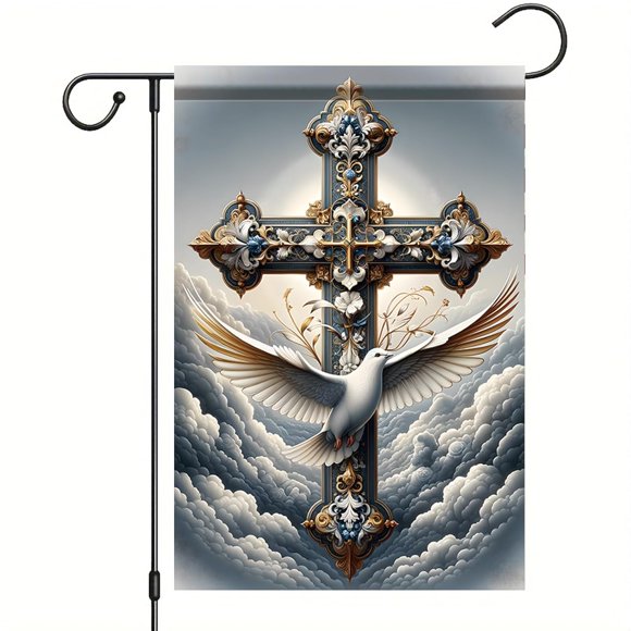 shiyou-Jesus Christian Cross Garden Flag 12x18 Inch Double-Sided Religious Outdoor Banner Decorative Yard Sign with Dove Clouds Easter Holiday Faith-Based Home Porch Lawn Décor