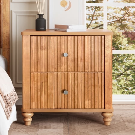 Nightstand with 3 Drawers Mid Century Modern Fluted Wood Bedside Table with Metal Handles 21.65 Wide Natural MDF and Rubber Wood End Table for Bedroom Living Room and Closet