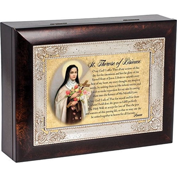 St. Therese of Lisieux Dark Wood Finish Jewelry Music Box Plays Tune Ave Maria