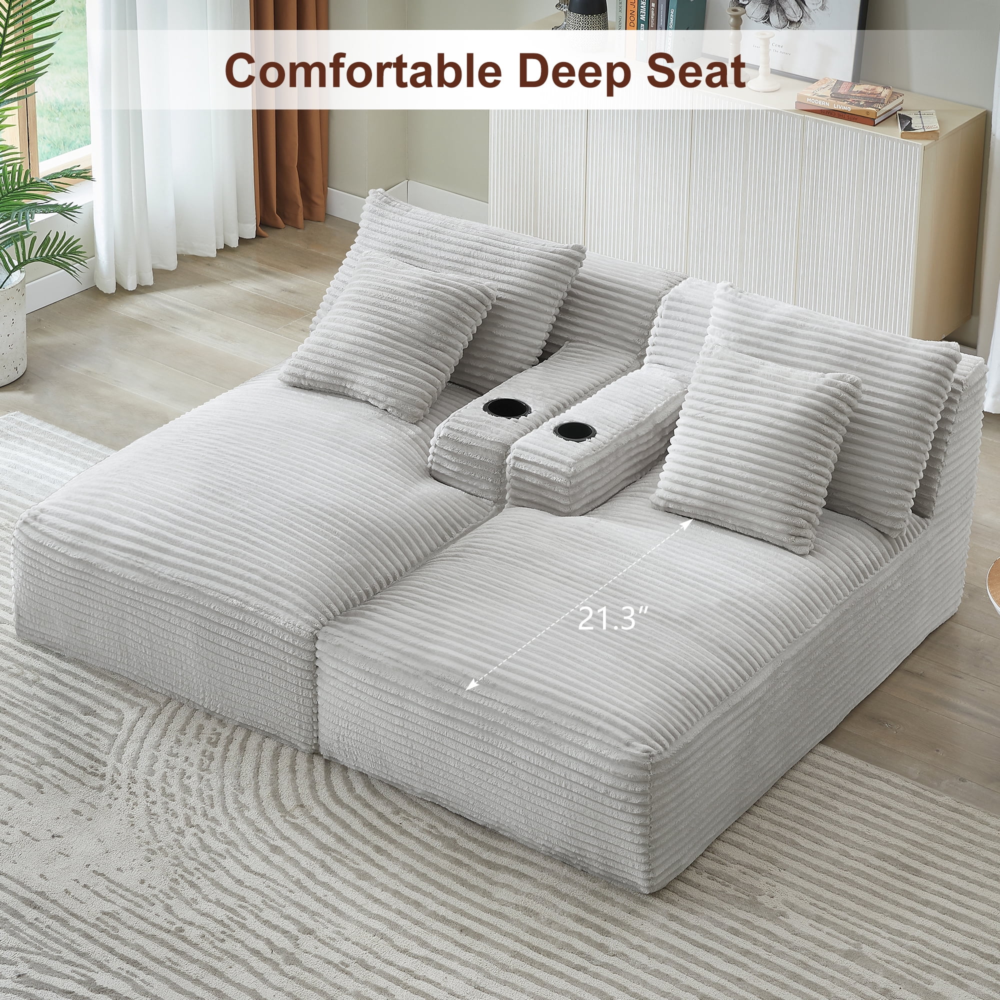 GNIXUU 70.9" Oversized Double Chaises Lounge, Indoor Boneless Sofa, Corduroy Loveseat with Cupholders & Storage Pockets, Comfy Sectional Cloud Couch Sleeper Sofas Bed for Living Room,Beige