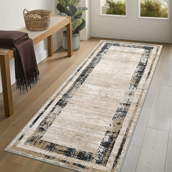 Hasoo Runner Rug 2x6 Non-Slip Washable Low Pile Geometric Bordered Print for Kitchen Indoor Beige