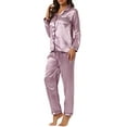 thumbnail image 4 of INSPIRE CHIC Women's Satin Lounge Set Long Sleeve Button Down Shirts with Pants Silky Pajamas S Light Purple, 4 of 6