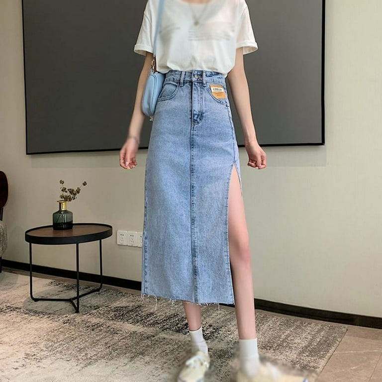 【日本未発売】 Women's Denim Skirt, Knee Length Slit Denim Skirt, Casual Clothing