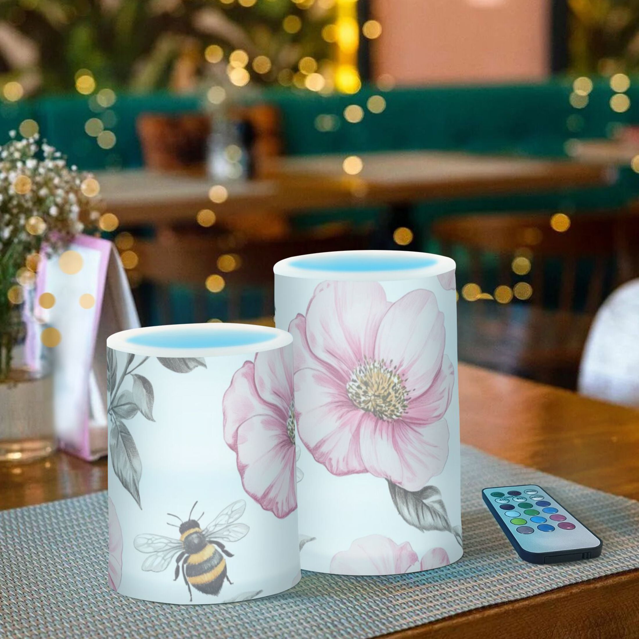 Vintage Style Bees Leaves Florals Flickering Flameless Candles LED Tealight Battery Operated with Remote Set of 2 Holiday Decor Ornaments