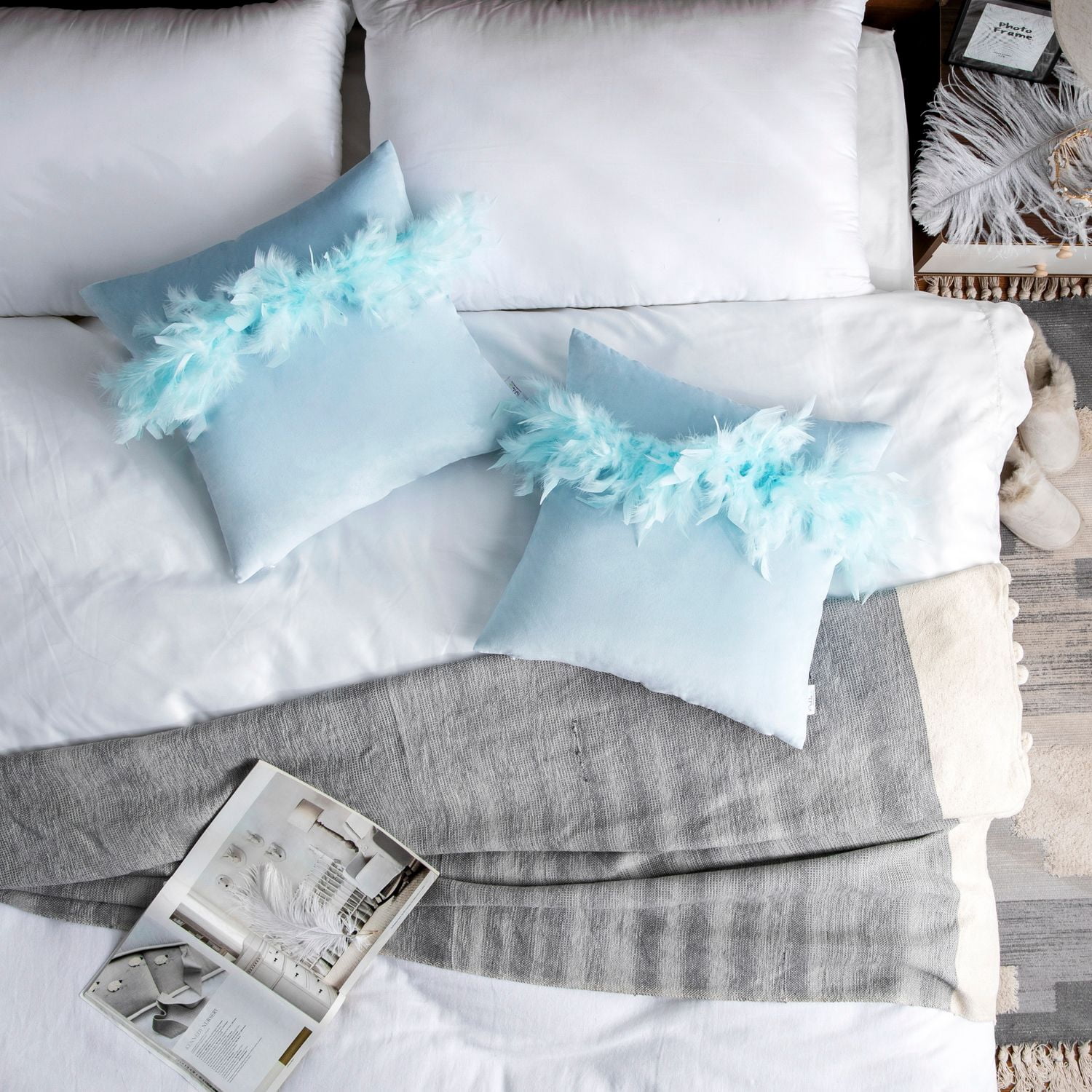 Phantoscope Feather Velvet Decorative Throw Pillow, 18 x 18 in, Light Blue, 1 Pack