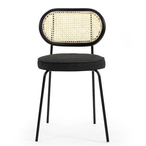 Glamour Home Set of 2 Black Boucle Fabric Dining Chair Rattan Backrest and Black Chrome Legs