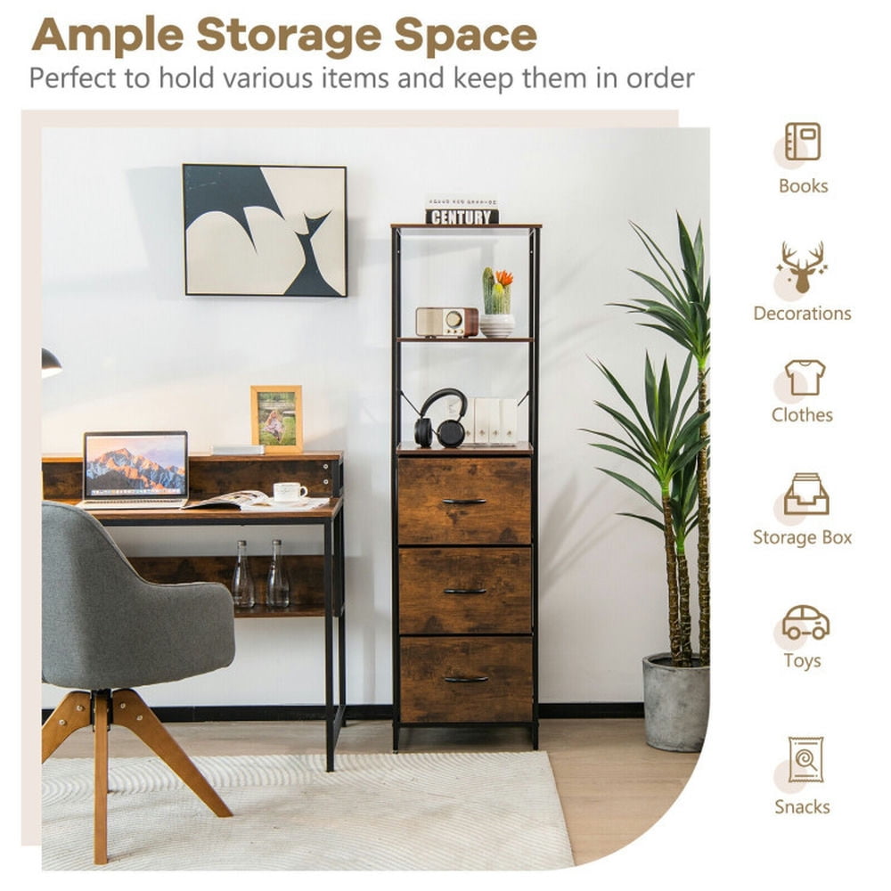 Demi Bonn Freestanding Bookshelf with 3 Drawer and 3 Shelves, Multifunctional Vertical Bookcase, Brown