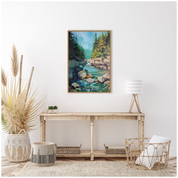 Kate and Laurel Rocky Rapids Framed Canvas Wall Art by Rachel Christopoulos 23 x 33 Sylvie Natural, Farmhouse, Landscapes, Nature Art for Wall Decor, Living Room, Bedroom