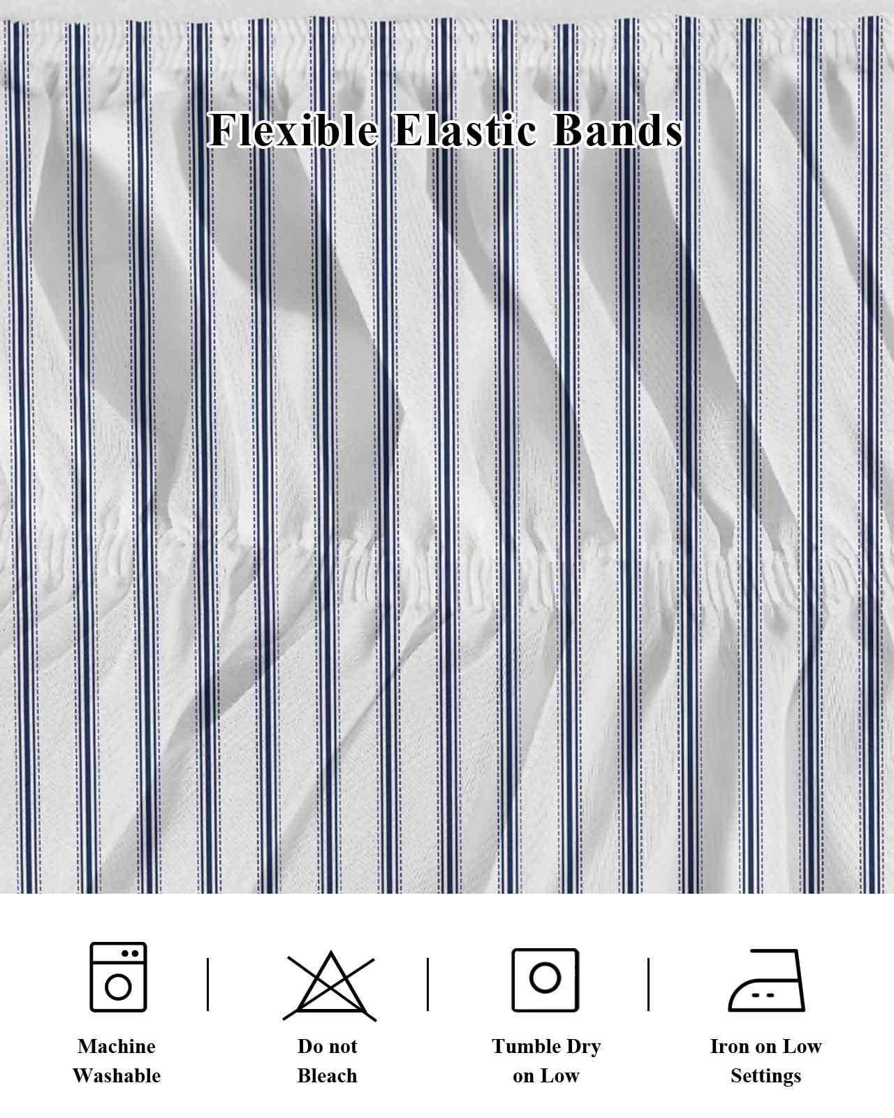Navy Blue Striped Wrap Around Bed Skirts for Queen Bed 16" Drop,Bed Skirt with Adjustable Elastic Belt Dust Ruffle Bed Valance for Bedroom Hotel Navy Blue White Stripes Farmhouse Bed Frame Cover