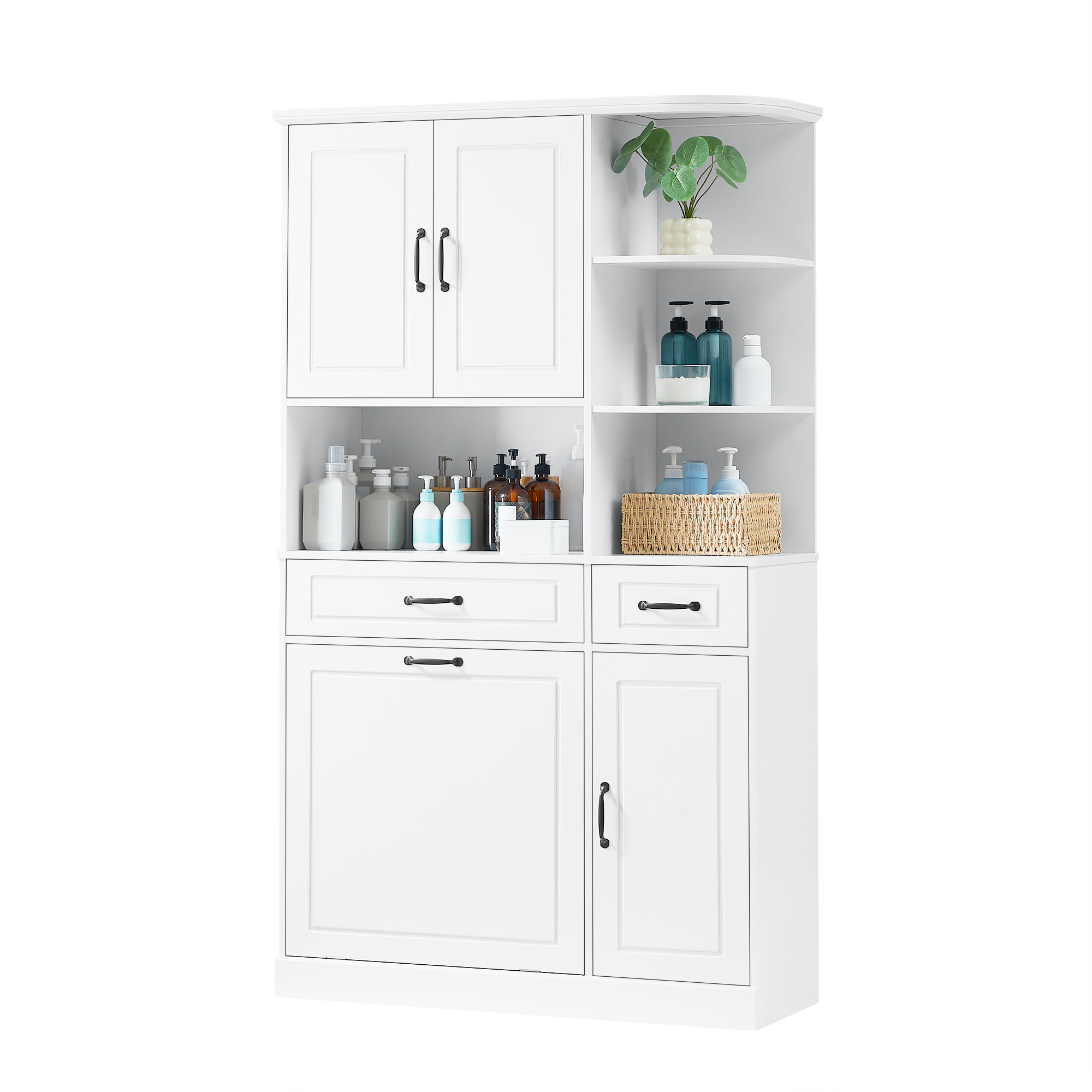 Euroco Tall Freestanding Storage Cabinet with Drawers and Doors, Adjustable Shelves, Flip Drawer Design, Modern Organizer Cabinet for Bathroom, Living Room, or Office, White MDF Cabinet