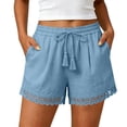 thumbnail image 2 of Yutgune Womens Cotton Linen Shorts Lace Trim Drawstring Elastic Waist Tassel Summer Beach Shorts with Pockets, 2 of 8