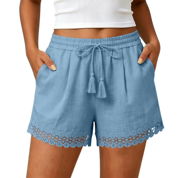 Admvng Women's Linen Shorts Lace Trim Summer Casual Trendy Shorts with Pockets