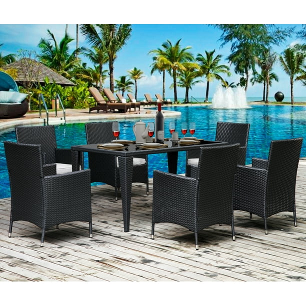 Clearance7 Piece Outdoor Dining Sets For 6 All Weathe Wicker Chairs With Glass Dining Table 5998