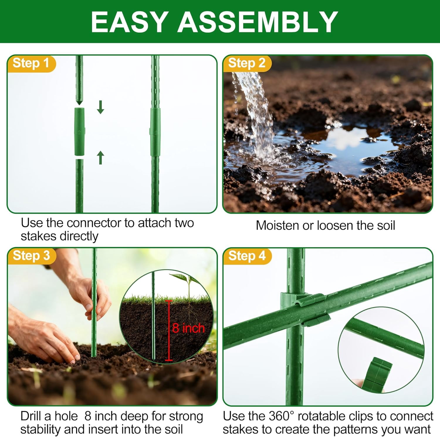 Garden Stakes16 Inch 24 Pack, Tomato cage DIY 4ft 5ft 6ft 7ft 8ft Plant Support Stakes with Connectors and Clips, Plastic Coated Metal Sticks for Tomato Indoor Outdoor