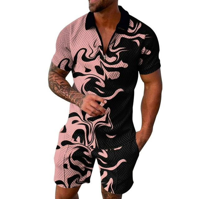 Male Casual Striped Gradient Ramp Print Two Piece Suit Zipper Short Sleeve Top Suit Drawstring Pocket Short Set Suit Coattails Casual Suits for Men Men Pants Suit 3 Piece Man Suits Chicken Suite Shawl