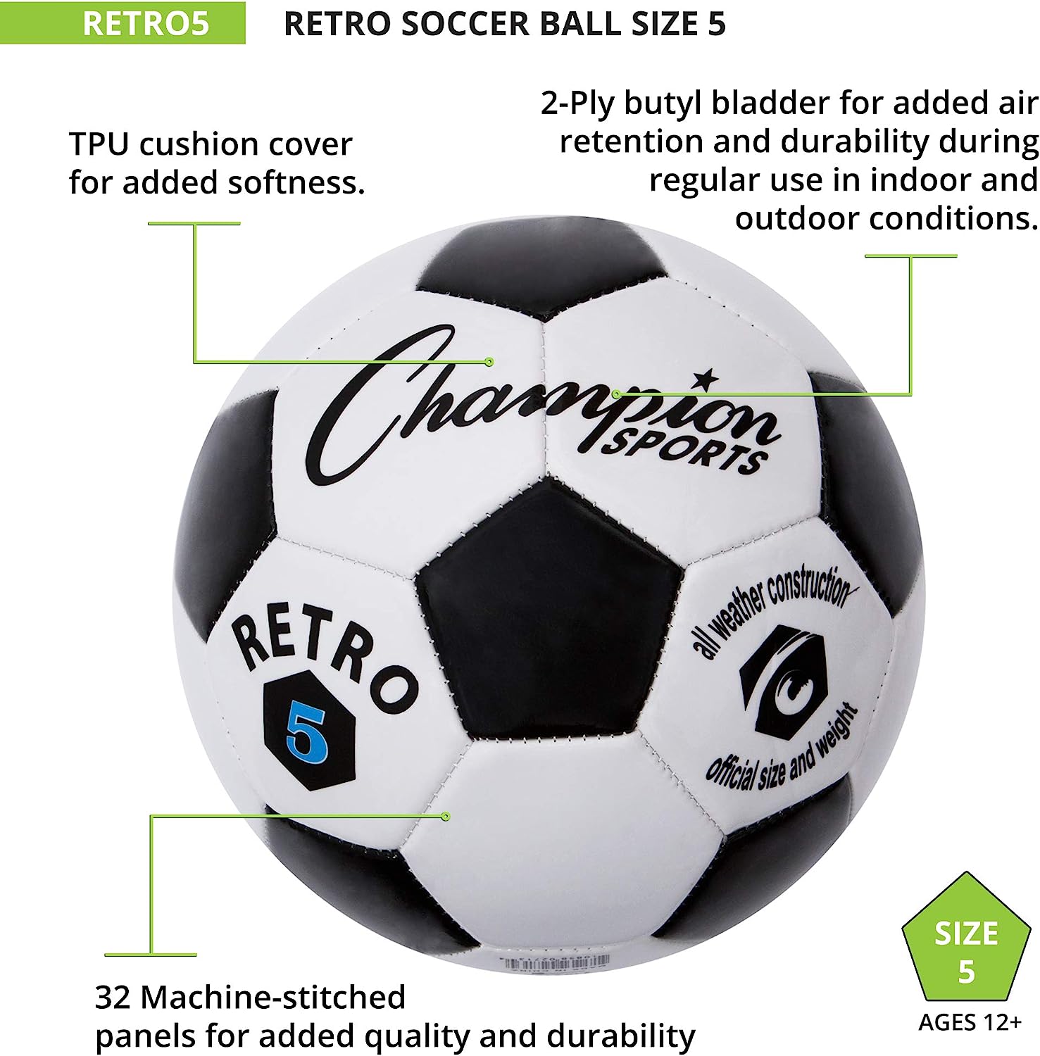 Champion Sports Retro Soccer Ball Classic Black & White photo 3