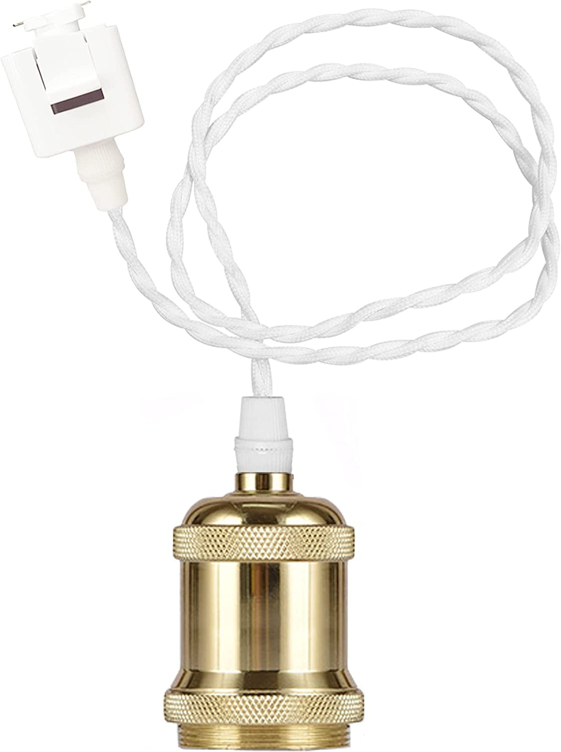 FSLiving J-Type Track Pendant Light White Weave Rope Cord Gold Socket Retro Style Mini Lighting Industrial Factory Heads Pendant Lighting Bulb Sold Separately Customizable DIY Project