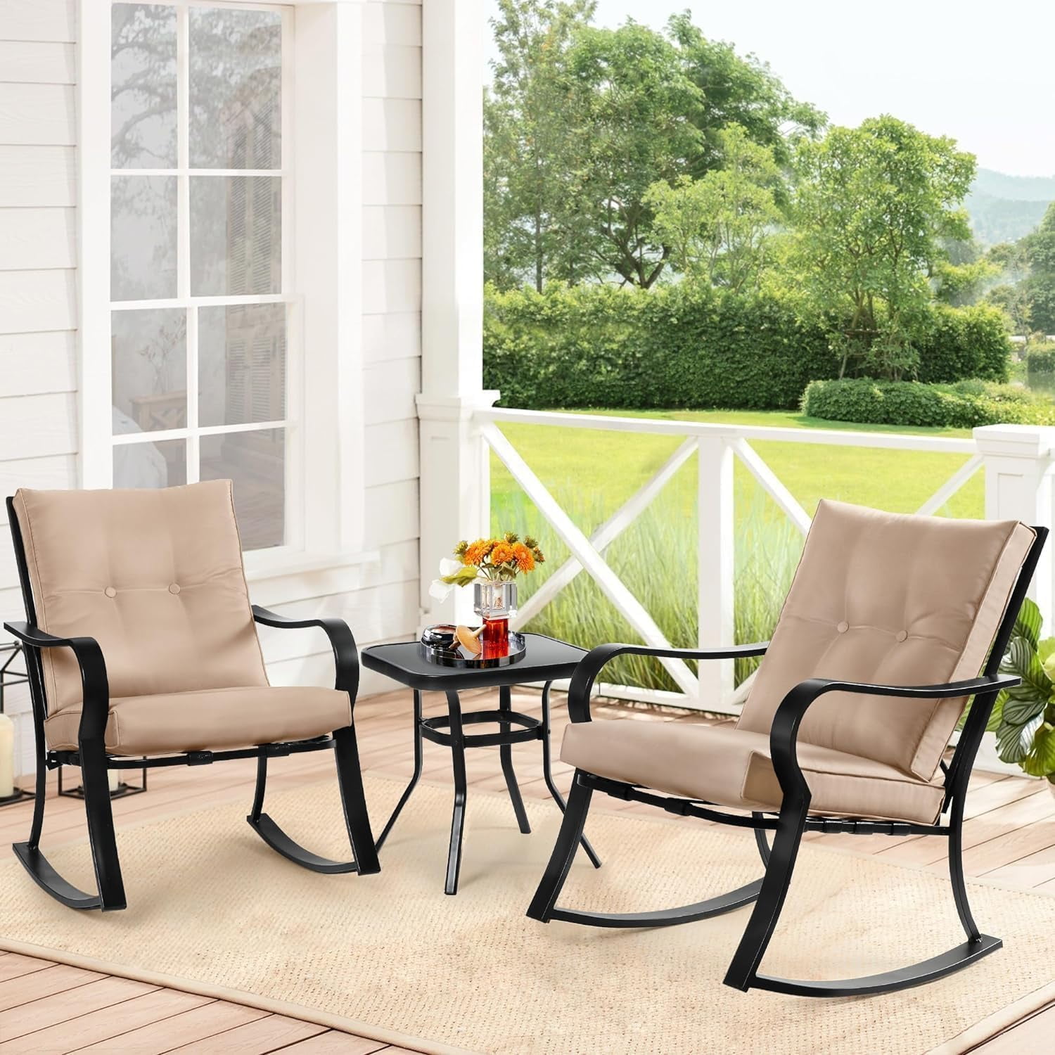 SUNCROWN 3-Piece Outdoor Patio Bistro Set Black Metal Rocking Chairs and Table with Brown Cushions