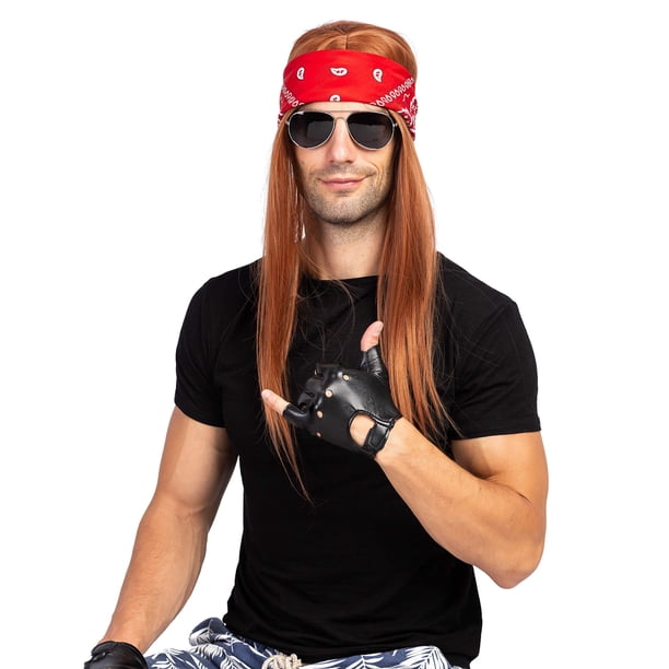 90s rock dress up Joyfy Rocker Costume 80s with 3pcs Bandanas, Wig, Gloves, Halloween Costume  Rock Accessories Adult Men 80s 90s Rock Costume, Rock Wig Party Cosplay  Halloween Costume Accessories