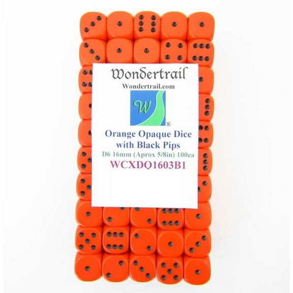 Orange Opaque Dice with Black Pips D6 16mm (5/8in) Pack Of 100 Wondertrail
