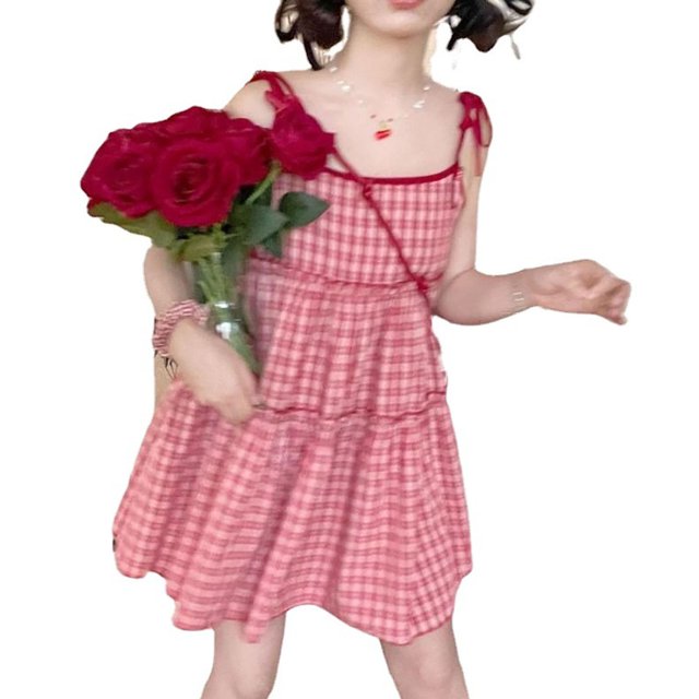 Plaid Correa vestido para mujer moda suave piel agradable cómodo rojo una línea correa vestido suelto vestido rojo S