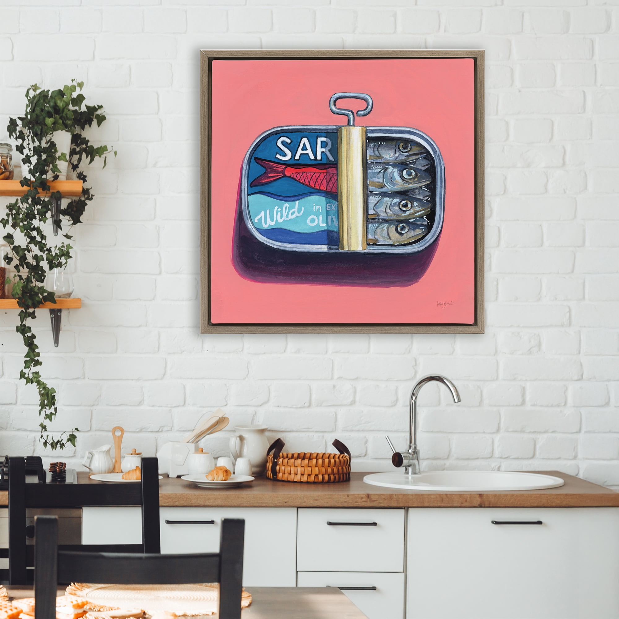 Stupell Industries Wild Sardines on Pink Brown Framed Floater Canvas Wall Art, design by Kate Jarvik Birch