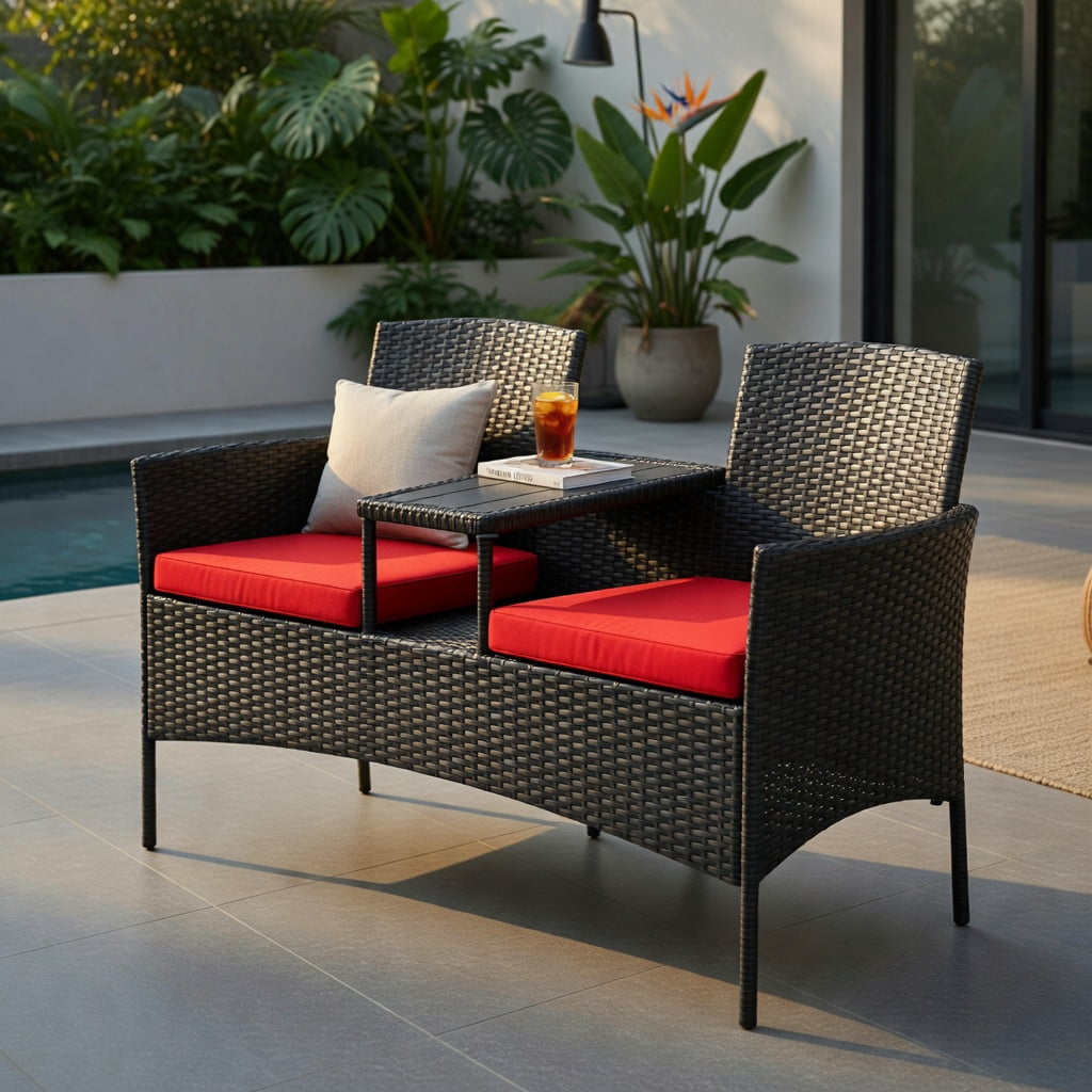 Hommoo Modern Outdoor Patio Conversation Set with Built-in Trapezoid Coffee Table & Removable Cushions, Brown Rattan, Red
