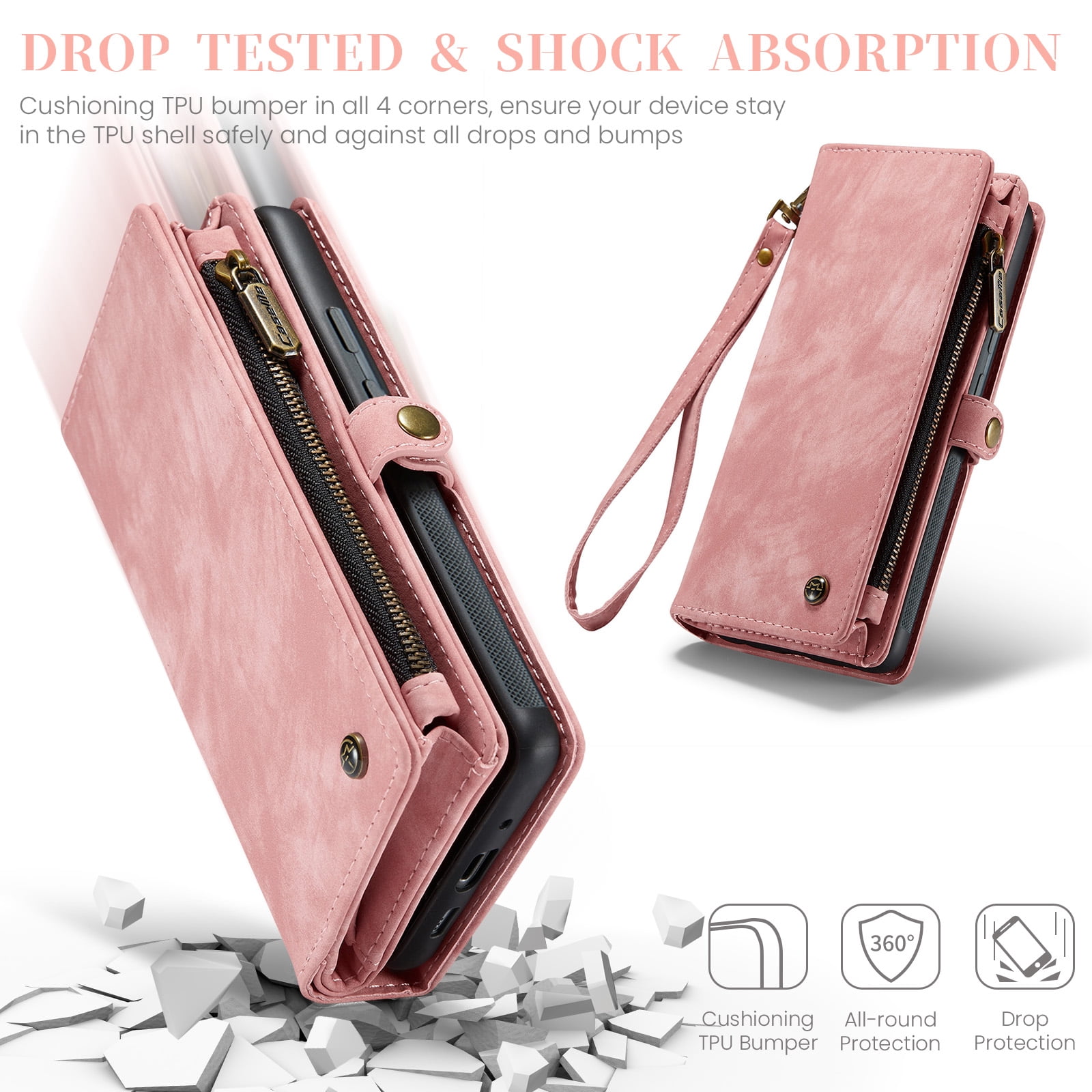 Feishell Durable 2- In-1 Magnetic Detachable Wallet Case for iPhone 16,for Women Men,Premium PU Leather Zipper Pocket Flip Multi Card Slots Purse Phone Case with Wrist Strap,Pink