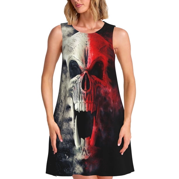 Balery Red And White Screaming Demon Skull Vestidos de verano para mujer con estampado: vestido holgado sin mangas, vestido playero informal y cómodo para días calurosos.