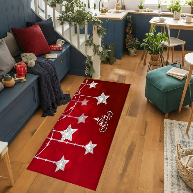 Christmas Antislip Floor Mat Layered Doormat 15.75X47.24In Red Polyester | Non-Slip Holiday Welcome Rug for Front Door Porch Entryway Patio Farmhouse Home Decor