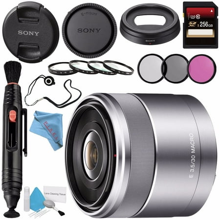 Sony E 30mm f/3.5 Macro Lens + 49mm 3 Piece Filter Kit + 49mm Macro Close up Kit + 256GB SDXC Card + Lens Pen Cleaner + Fibercloth + Lens Capkeeper + Deluxe Cleaning Kit (Best Close Up Filter)