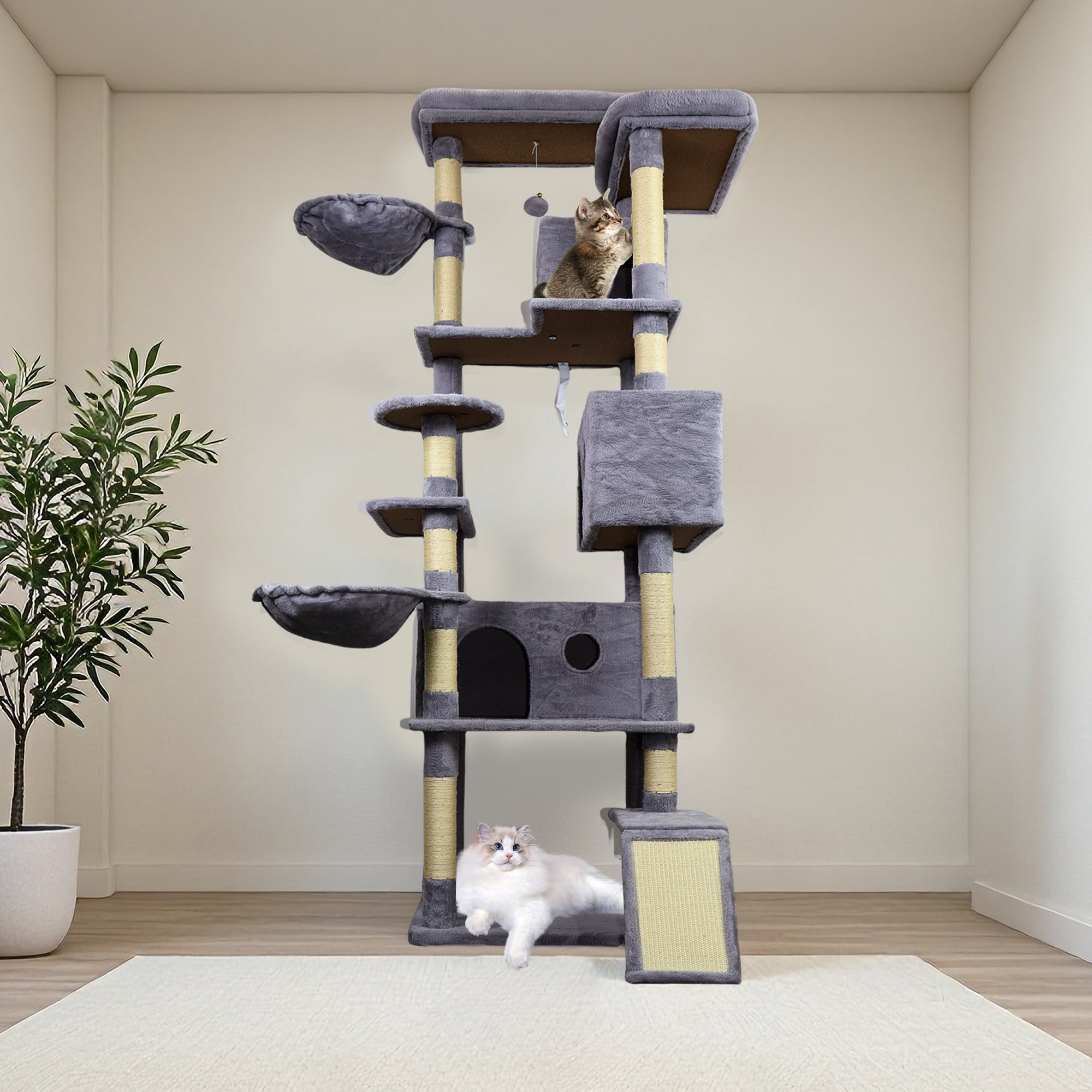 Jopath 84.6 in Dark Gray Cat Tree Tower with Wide Base, 3 Large Hinding Condo, 11 Sisal Scratching Post,2 Hammocks, Large Top Platform, Many landing Perch and Interactive toy