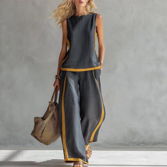 Women's 2-Piece Sleeveless Vest & Wide Leg Pants Set - Casual Belted Loose Fit Outfit with Multiple Colors for Daily & Vacation Wear