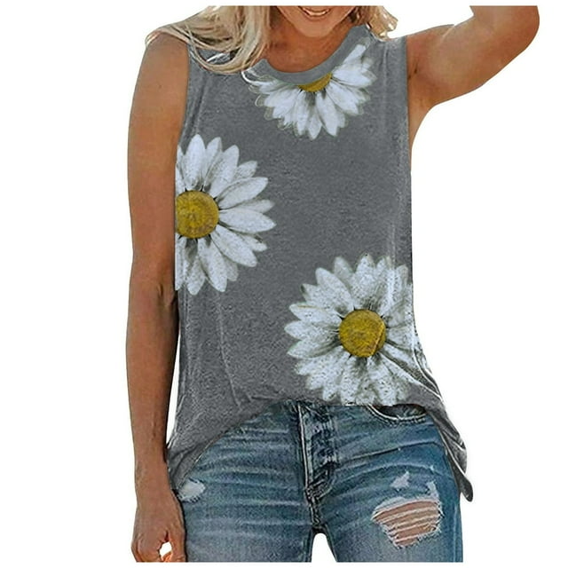 Débardeur pour Femmes Hauts d'Été Col Rond Imprimé Marguerites Sans Manches T-Shirts Débardeur Blouse Graphique